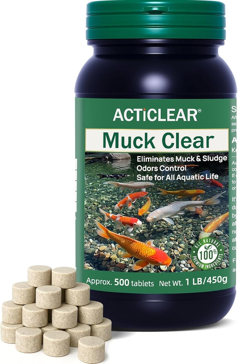 ACTICLEAR Muck Clear – Natural Pond Sludge Treatment, 500 Tablets for Ponds, Fountains & Bird Baths, Beneficial Bacteria & Enzymes, Chemical-Free & Safe for Fish, Pets & Wildlife - Image 1